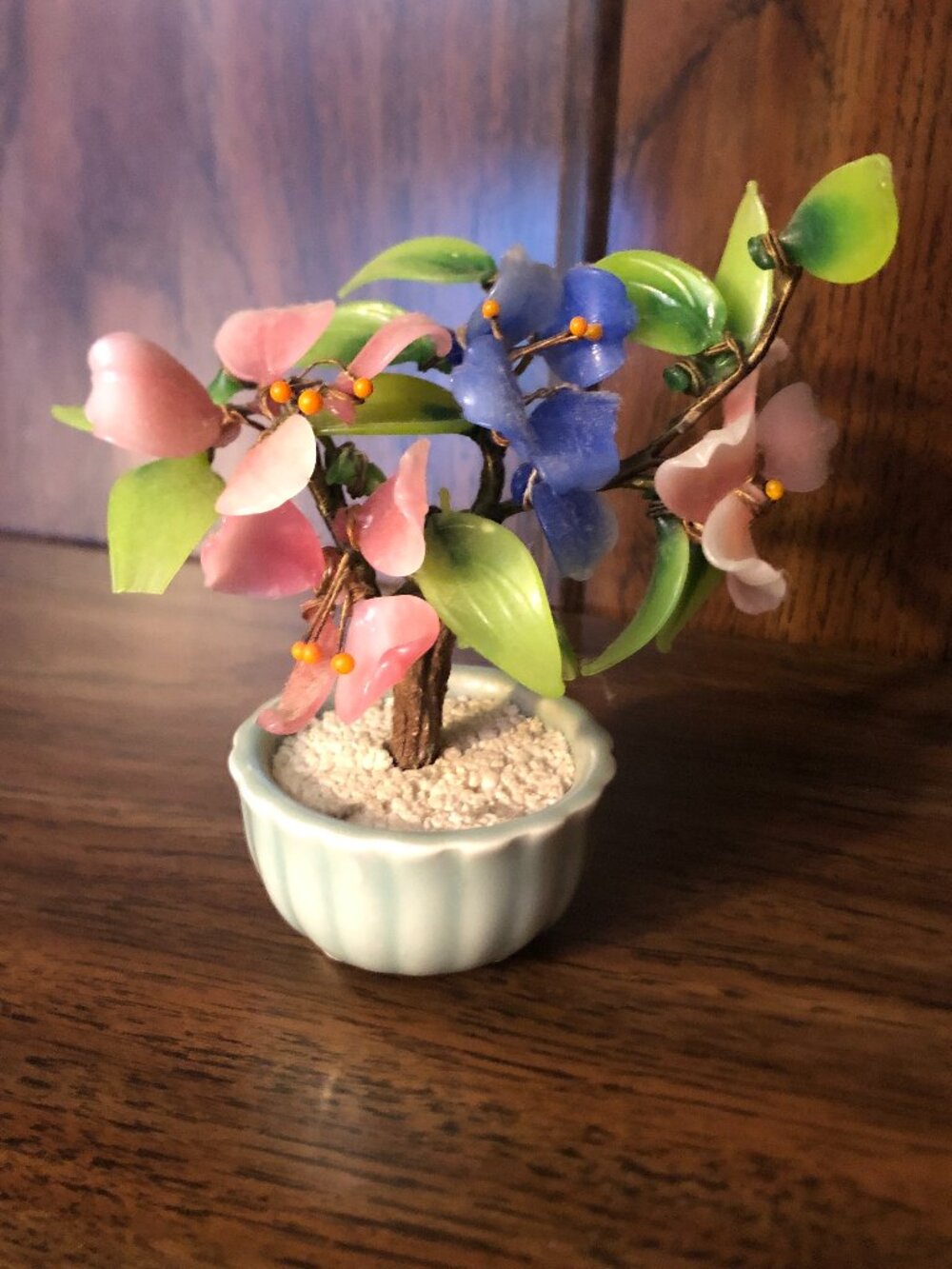 Vintage Miniature Bonsai Jade Glass Tree Pink and Periwinkle Blue Flowers